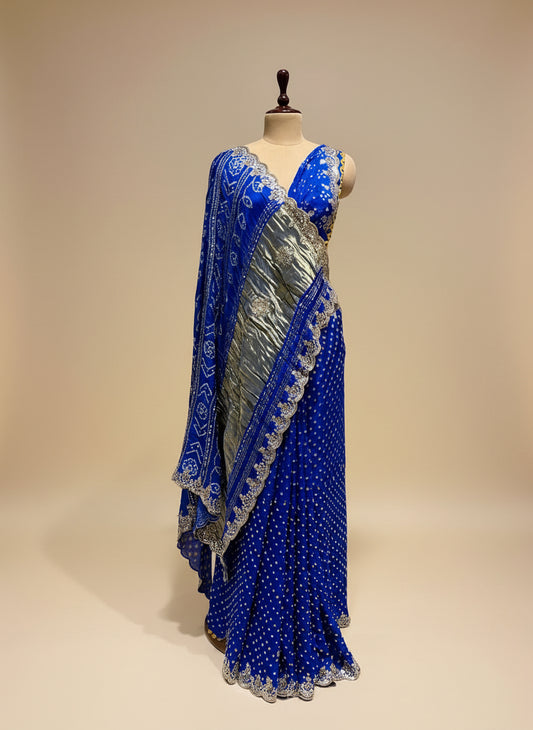 SAPPHIRE BLUE SATIN SILK BANDHANI SAREE WITH FOIL MIRROR WORK - Kothari Sons