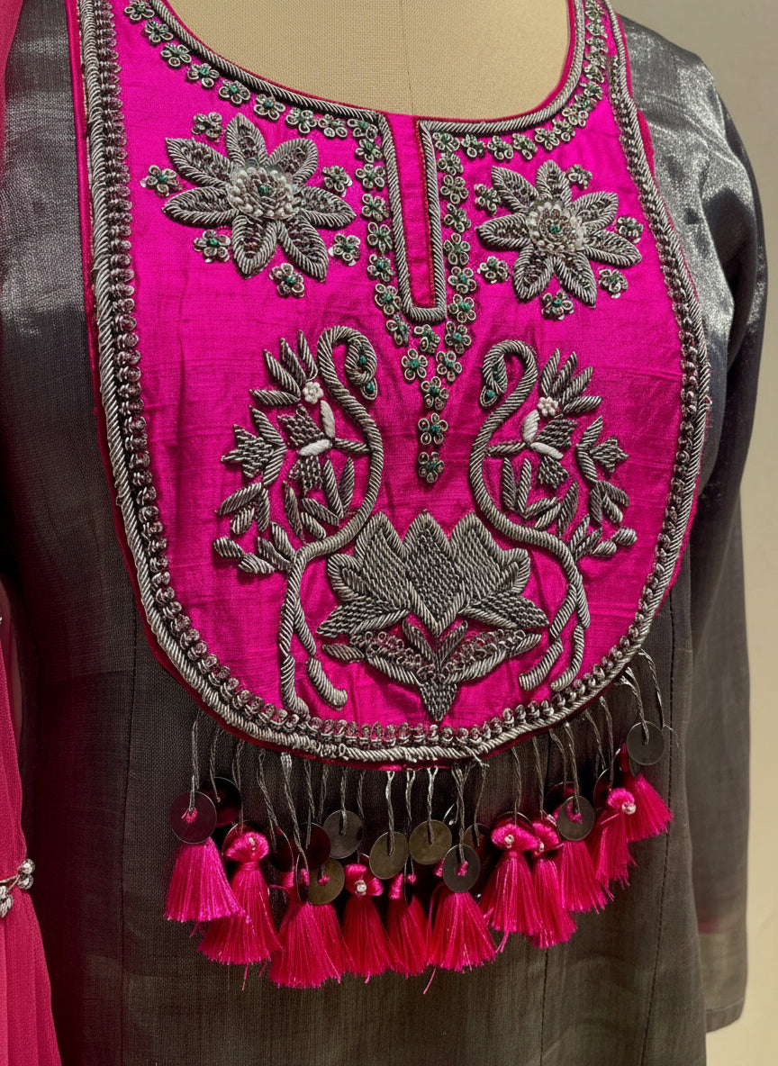 GREY & FUCHSIA PINK CHANDERI TISSUE SUIT EMBELLISHED WITH ZARDOZI WORK, PAIRED WITH A CRUSHED STRIPE DUPATTA