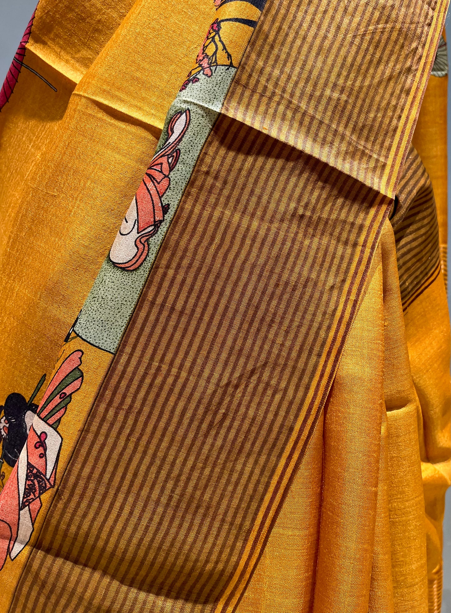 MUSTARD COLOUR PURE TUSSAR SILK PRINTED SAREE WITH ZARI BORDER