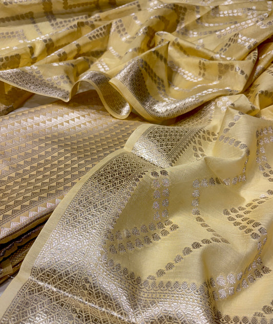 PASTEL YELLOW COLOUR CHANDERI UNSTITCHED SUIT SET (2 PIECE -KURTA & DUPATTA)