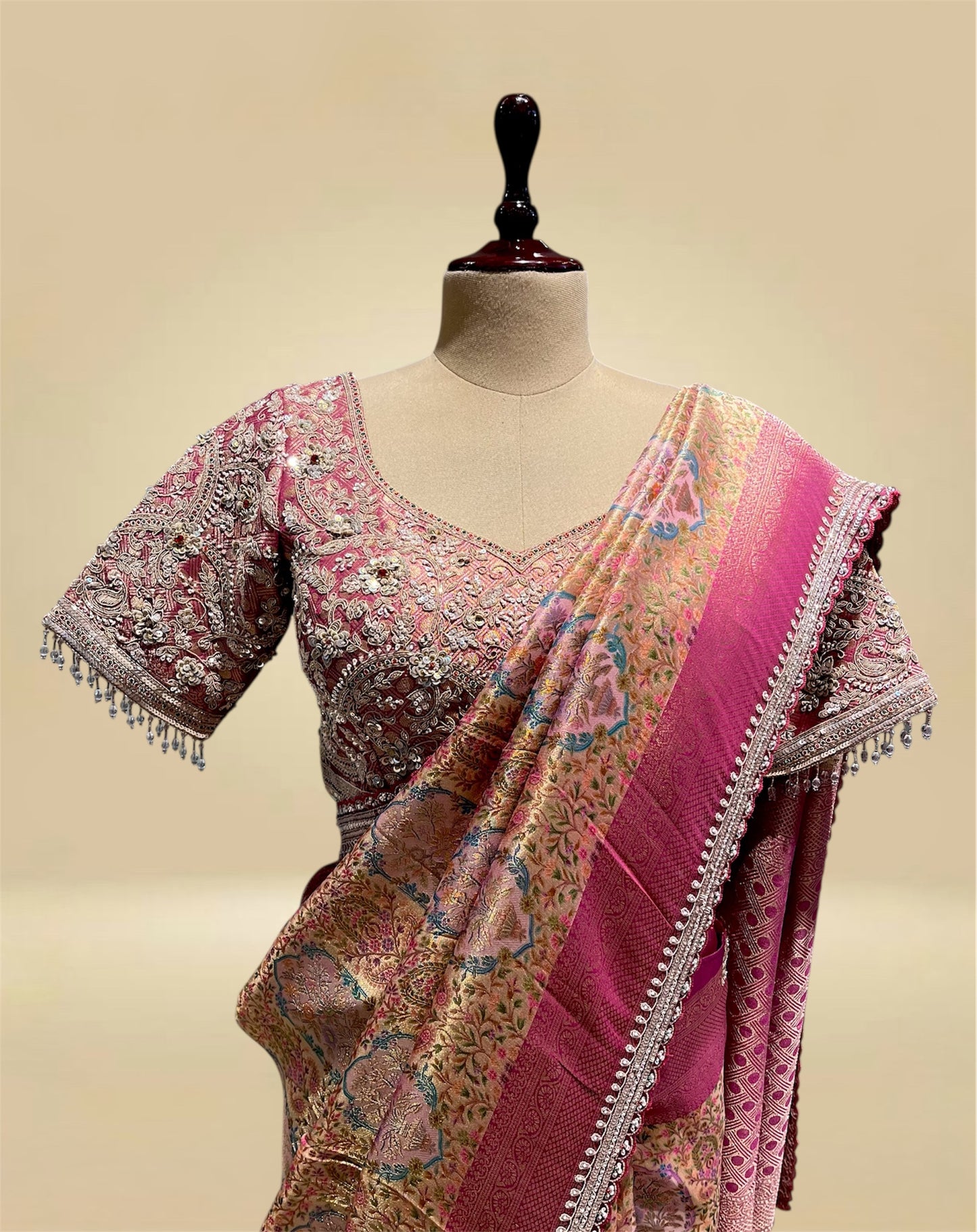 PINK BANARASI BROCADE SAREE WITH READYMADE BLOUSE EMBELLISHED WITH SEQUINS & ZARDOZI WORK