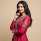 FUCHSIA PINK PURE RAW SILK ZARDOZI WORK EMBELLISHED INDO-WESTERN DRESS WITH FRONT-OPEN KURTA AND PALAZZO PANTS
