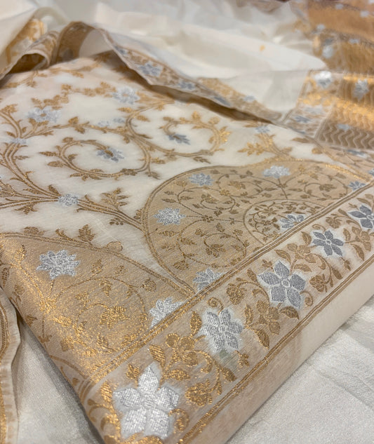 OFF WHITE CHANDERI UNSTITCHED SUIT SET (2 PIECE -KURTA & DUPATTA)