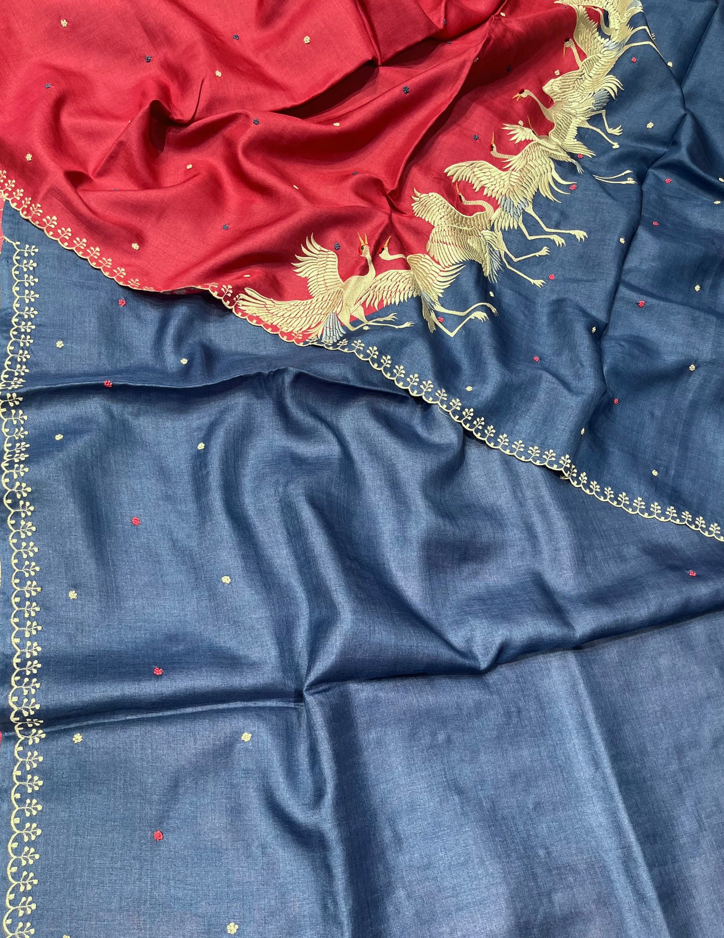 NAVY BLUE & RASPBERRY PINK PURE TUSSAR SILK SAREE EMBELLISHED WITH PARSI EMBROIDERY