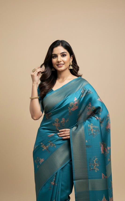 SEA BLUE COLOUR PURE TUSSAR SILK PRINTED SAREE WITH ZARI BORDER