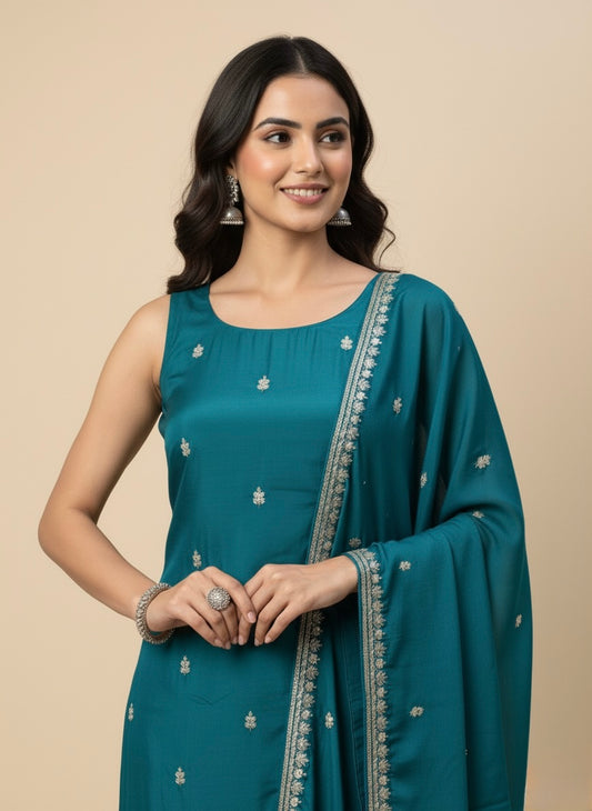 TEAL COLOUR PLANT BASED SILK EMBROIDERED UNSTITCHED SUIT