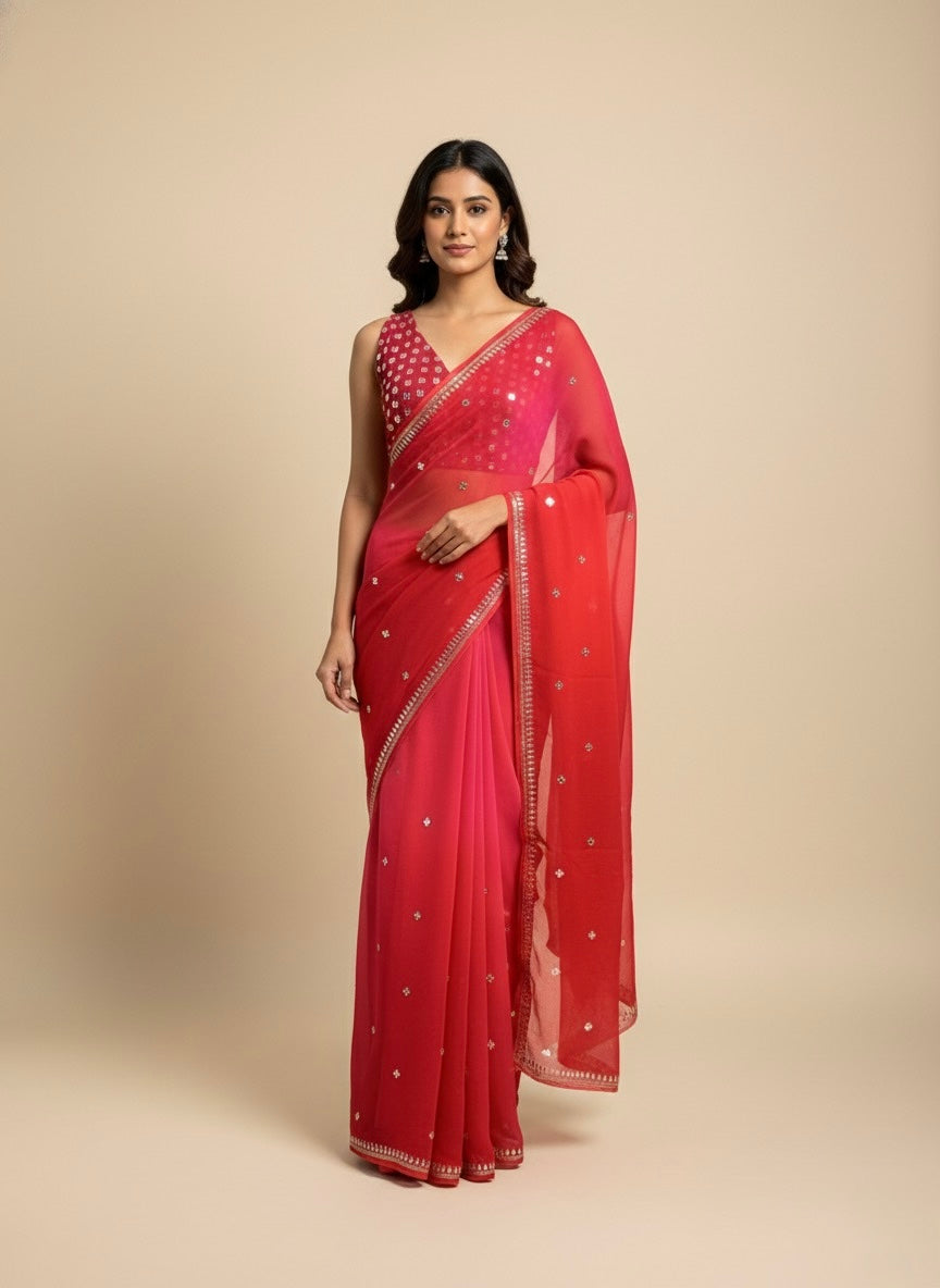 RED & PINK SHADED CHIFFON SAREE EMBELLISHED WITH FOIL MIRROR WORK - Kothari Sons