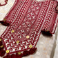 BEIGE JAMDANI DHAKAI COTTON UNSTITCHED SUIT EMBELLISHED WITH RED RESHAM EMBROIDERY, TASSELS ON KURTA & SCALLOP BORDER PRINTED DUPATTA