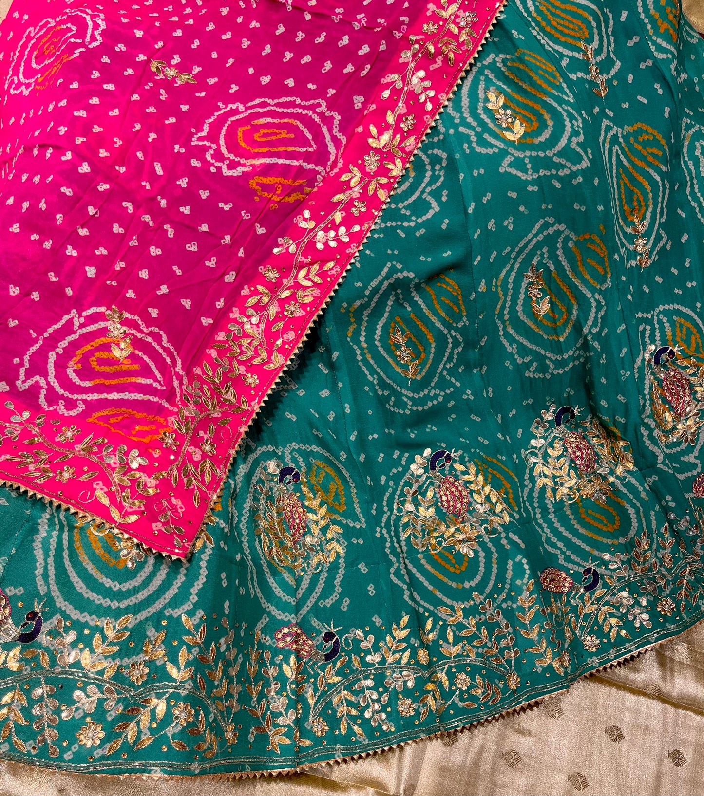 TEAL AND FUCHSIA COLOUR PURE GEORGETTE OJARIYA LEHENGA WITH GOTA PATTI WORK
