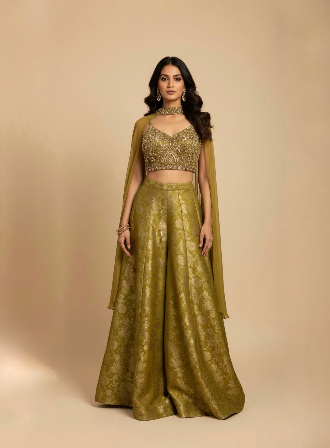 MEHENDI GREEN BROCADE TISSUE PALAZZO PANT WITH BEADS & SEQUINS EMBELLISHED CROP TOP AND DUPATTA