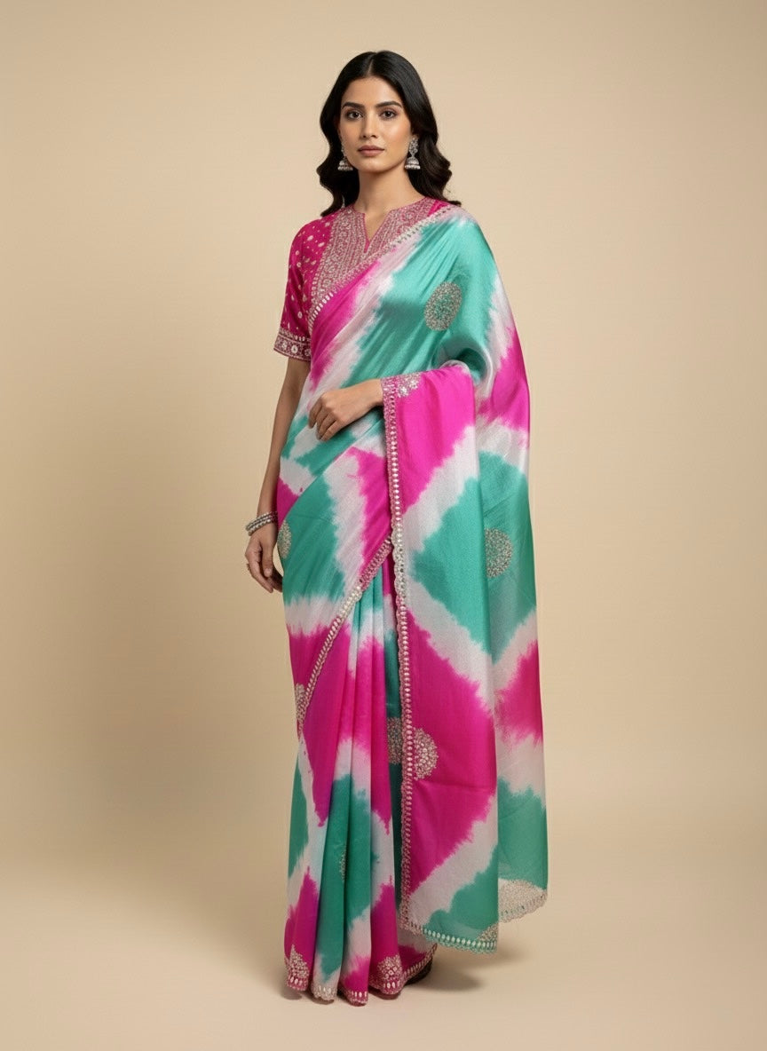 PURE SILK TIE-DYE SAREE WITH READYMDE BLOUSE EMBELLISHED WITH GOTA PATTI WORK - Kothari Sons