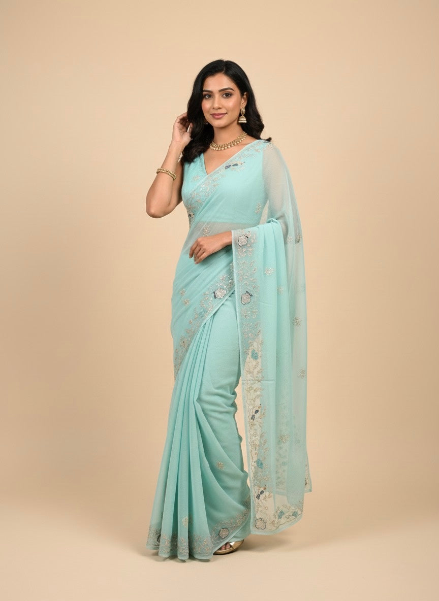 LIGHT BLUE CHIFFON SAREE EMBROIDERED WITH AARI WORK - Kothari Sons