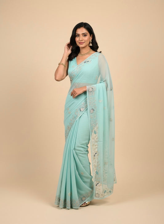 LIGHT BLUE CHIFFON SAREE EMBROIDERED WITH AARI WORK - Kothari Sons