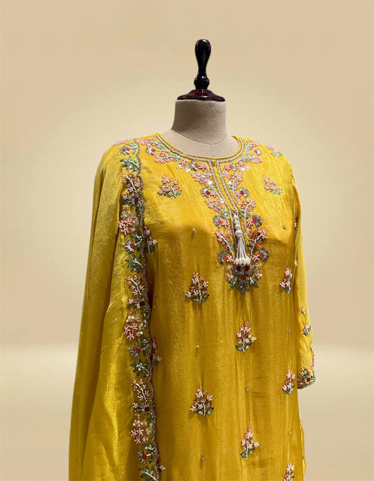 SUNFLOWER YELLOW TISSUE SHARARA SUIT EMBELLISHED WITH BEADS & THREAD WORK (DELIVERY IN 20 DAYS)