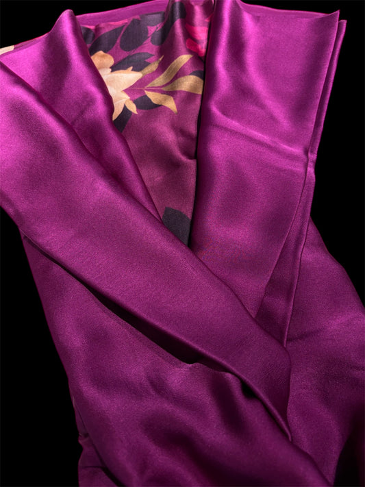 MULBERRY PURPLE PURE SATIN SILK PLAIN SAREE WITH PRINTED SATIN BLOUSE (DELIVERY IN 20 DAYS)