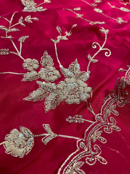 HOT PINK PURE ORGANZA EMBROIDERED UNSTITCHED SUIT WITH ZARDOZI & SEQUIN EMBROIDERY (DELIVERY IN 20 DAYS)