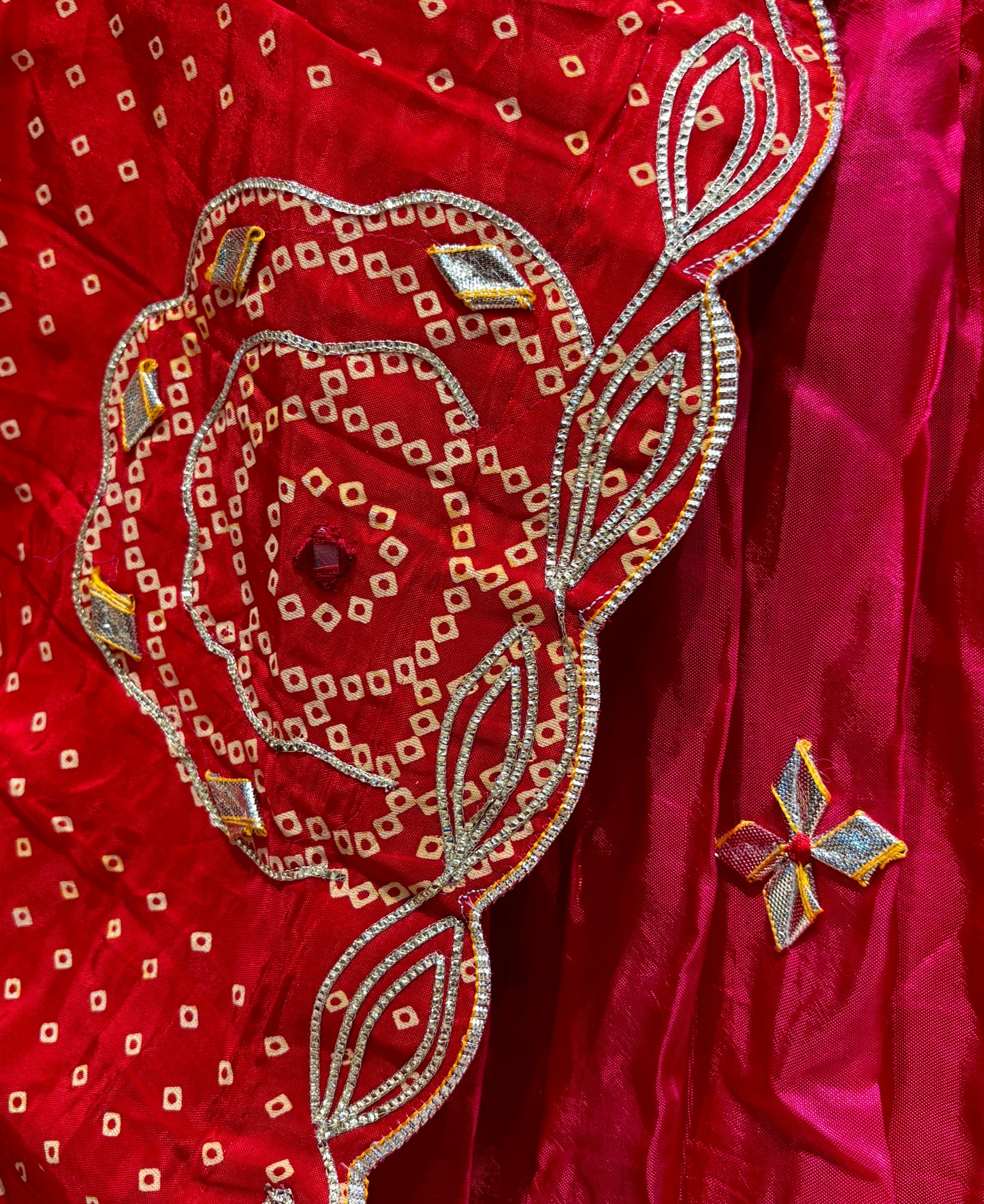 RED AND PINK SHADED SILK BANDHANI LEHENGA WITH GOTA PATTI WORK