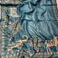 SMOKY TEAL BLUE PURE TUSSAR SILK SAREE EMBELLISHED WITH KANTHA EMBROIDERY