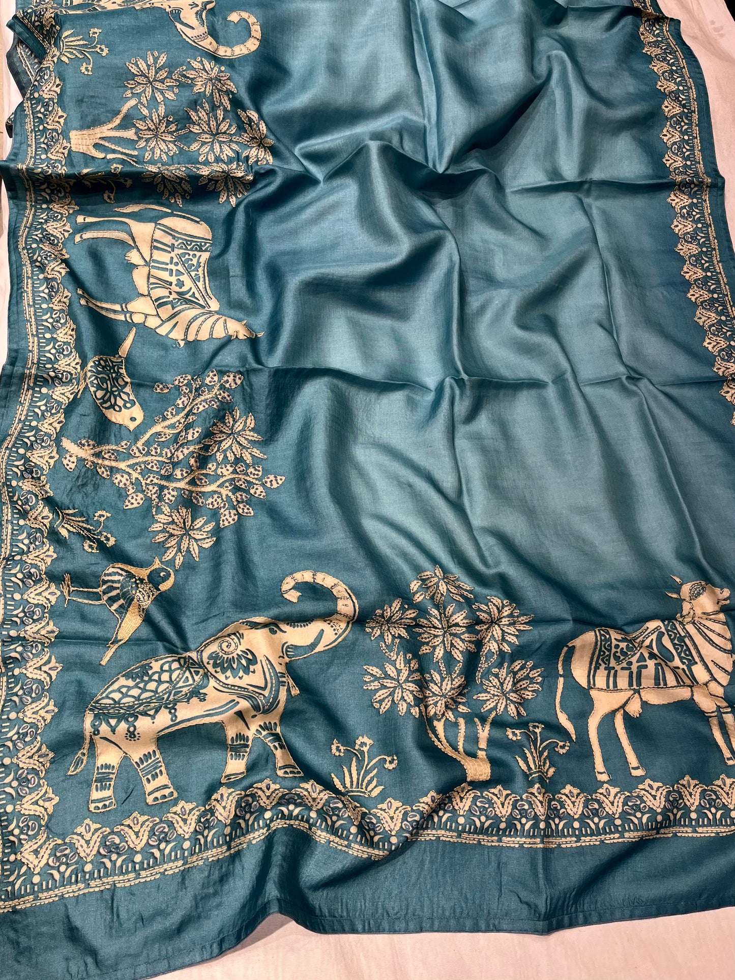 SMOKY TEAL BLUE PURE TUSSAR SILK SAREE EMBELLISHED WITH KANTHA EMBROIDERY