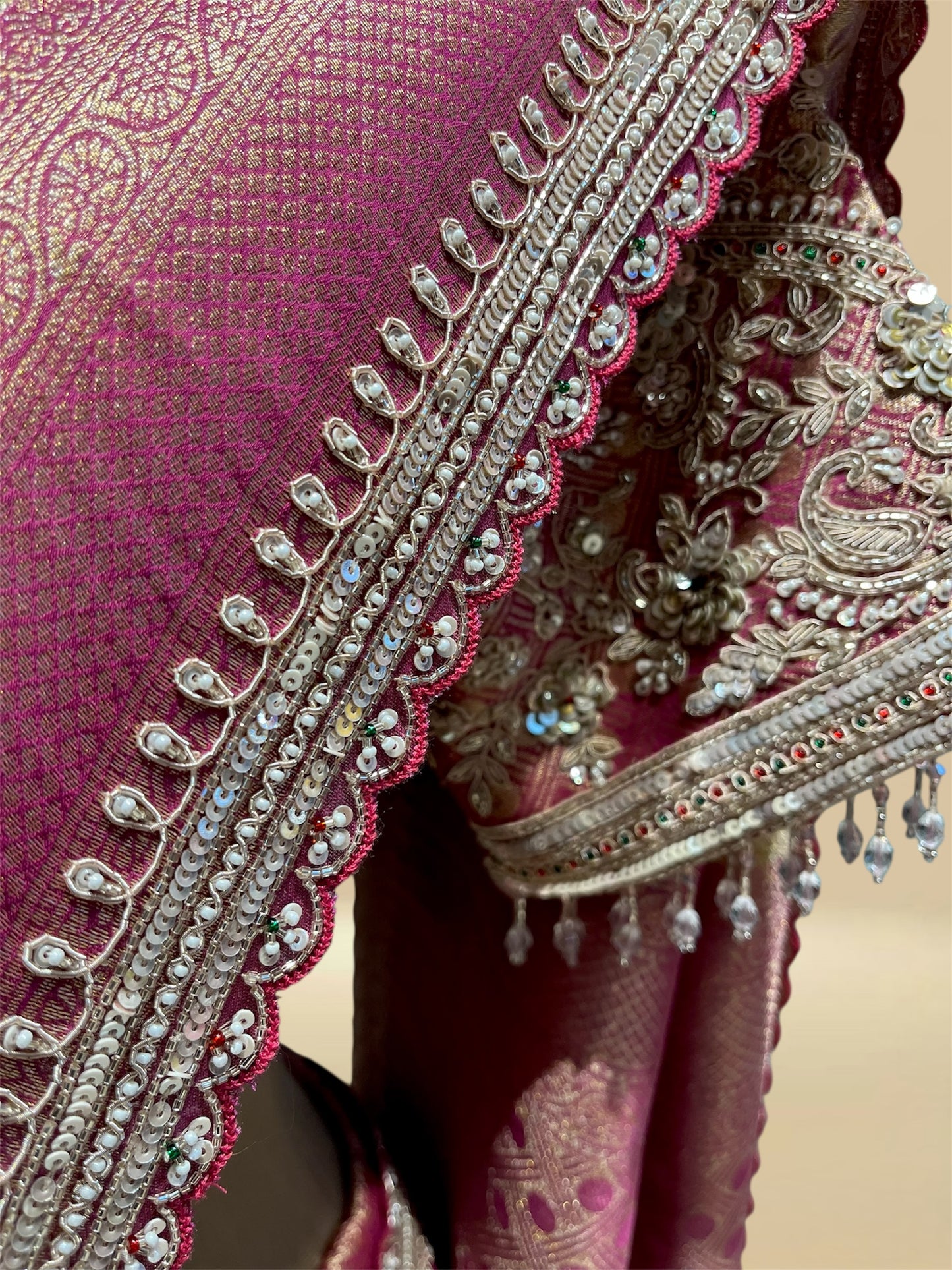 PINK BANARASI BROCADE SAREE WITH READYMADE BLOUSE EMBELLISHED WITH SEQUINS & ZARDOZI WORK