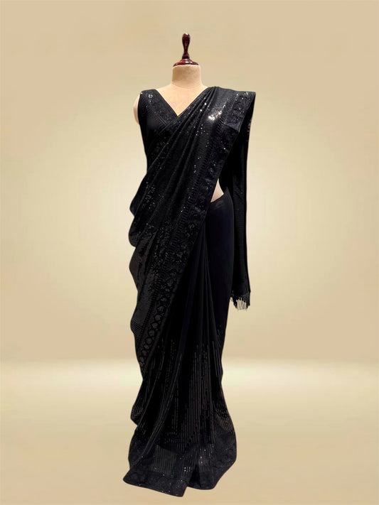 BLACK GEORGETTE SEQUINS EMBROIDERED SAREE