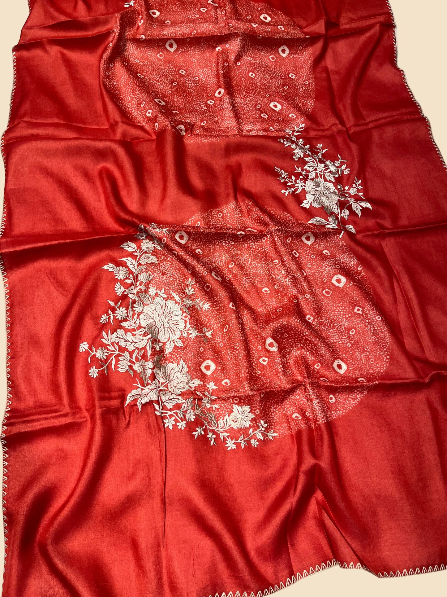 TERRACOTTA RED COLOUR PURE TUSSAR SILK SAREE WITH PARSI EMBROIDERY