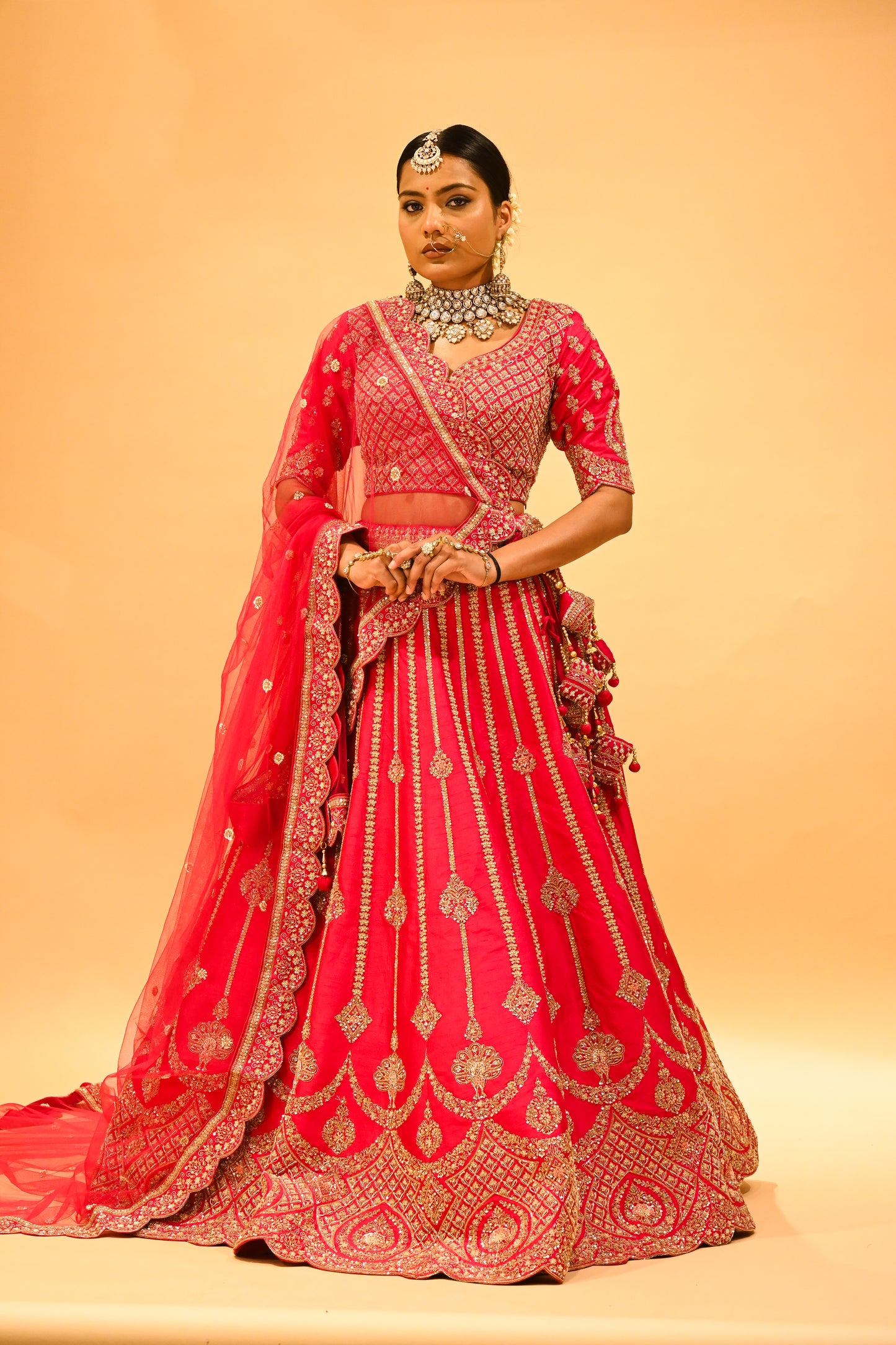 RANI HAND-EMBROIDERED BRIDAL LEHENGA WITH READYMADE BLOUSE, NET DUPATTA & EMBROIDERED TASSELS