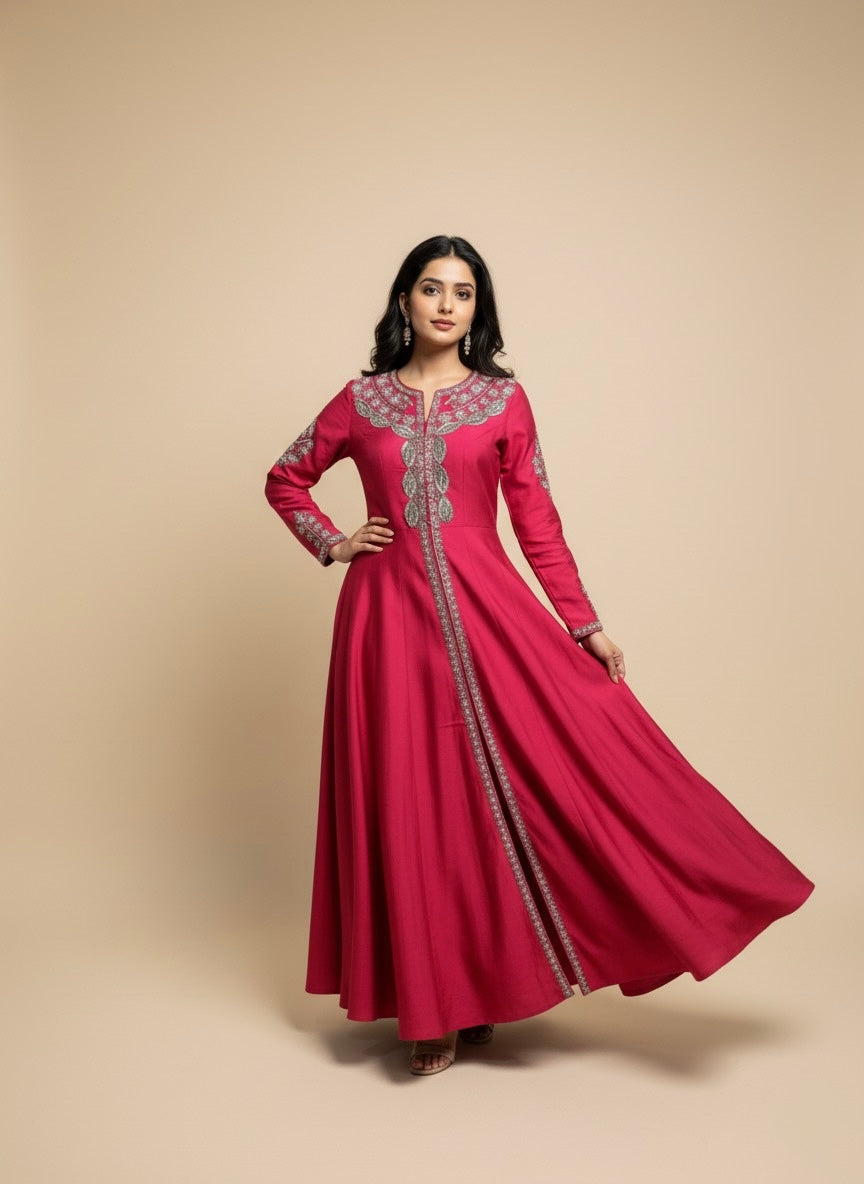 FUCHSIA PINK PURE RAW SILK ZARDOZI WORK EMBELLISHED INDO-WESTERN DRESS WITH FRONT-OPEN KURTA AND PALAZZO PANTS