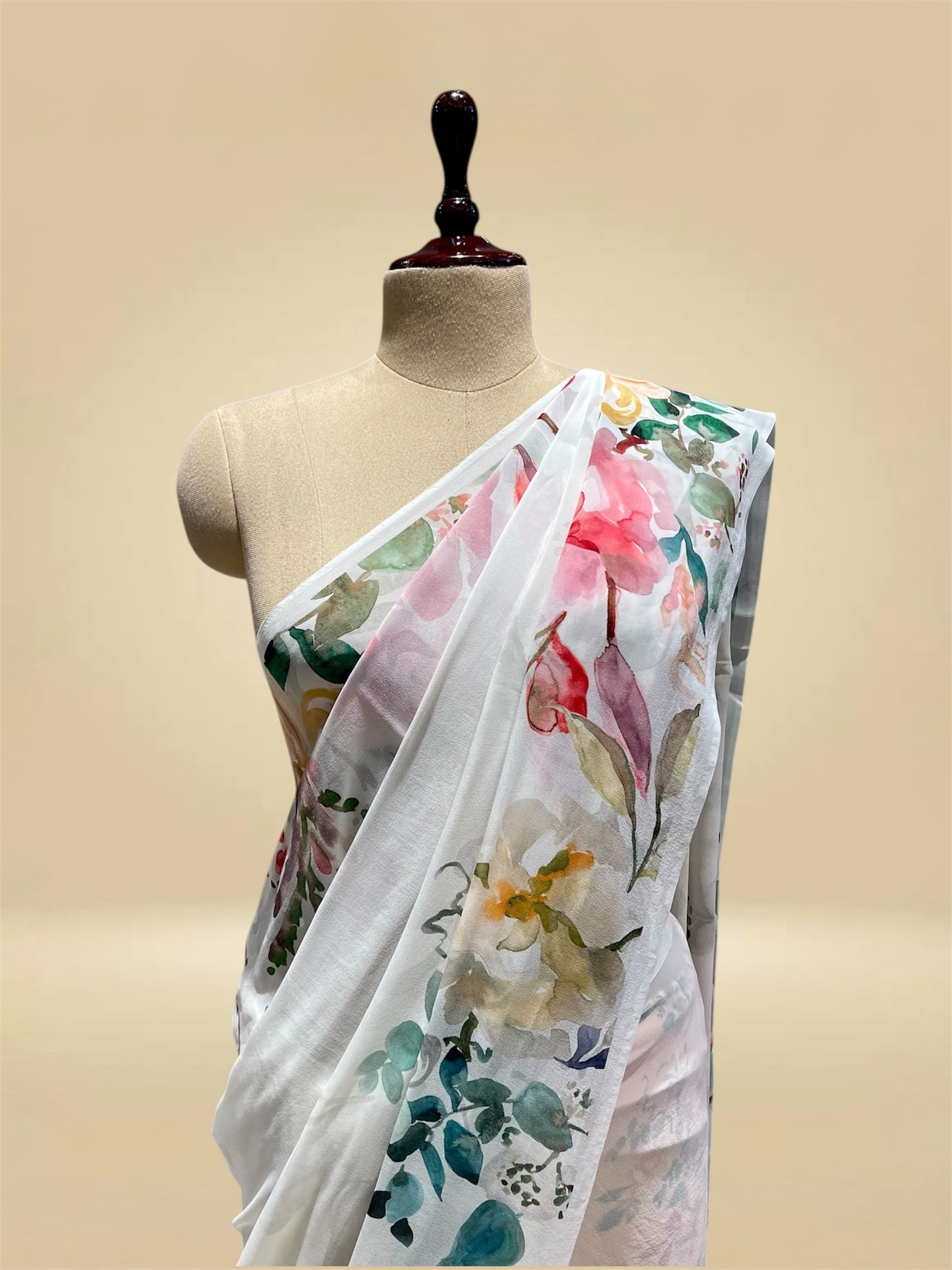 WHITE PURE GEORGETTE FLORAL PRINTED SAREE (DELIVERY IN 20 DAYS)