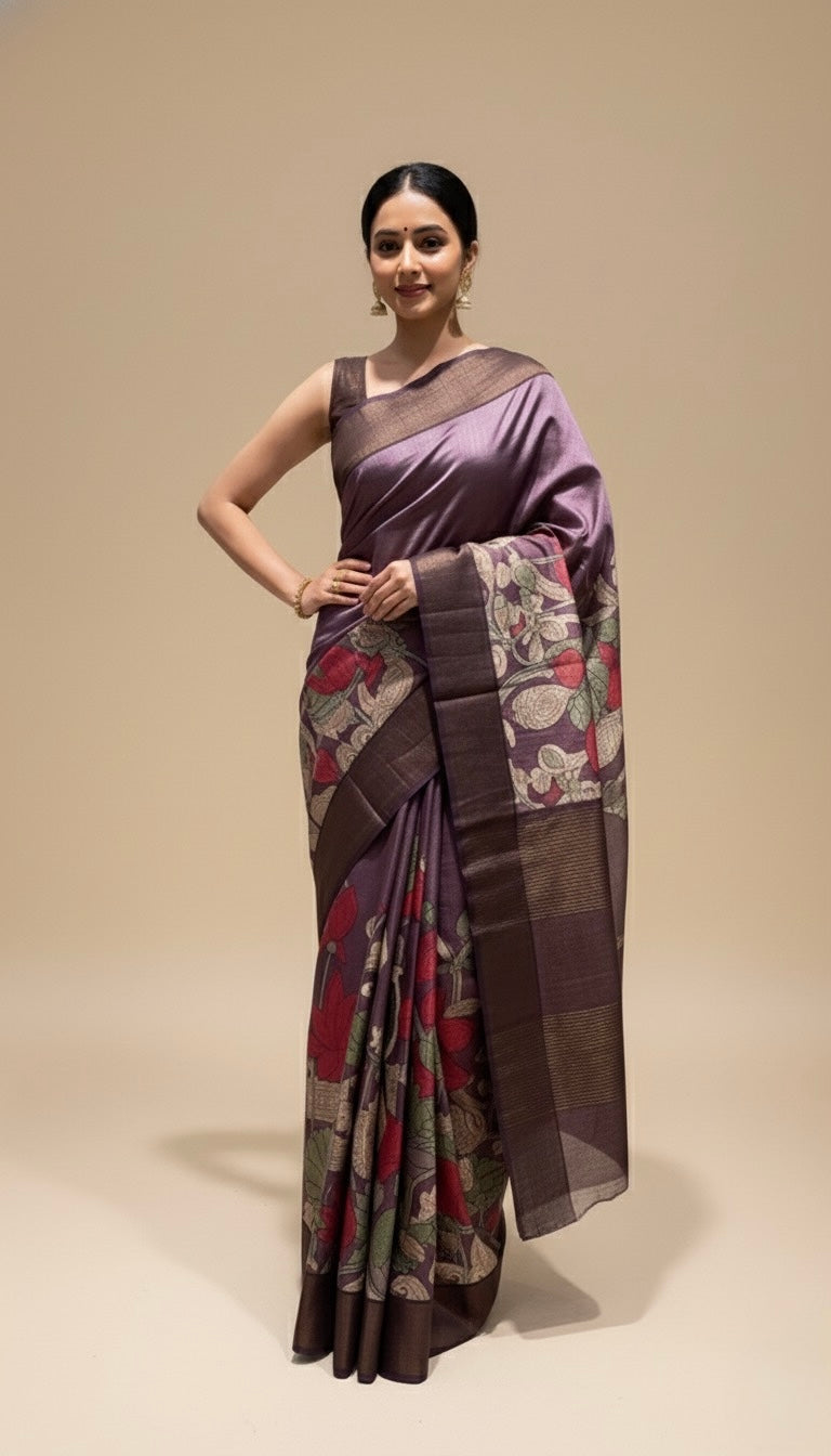 TAUPE MAUVE COLOUR PURE TUSSAR SILK PRINTED SAREE WITH ZARI BORDER