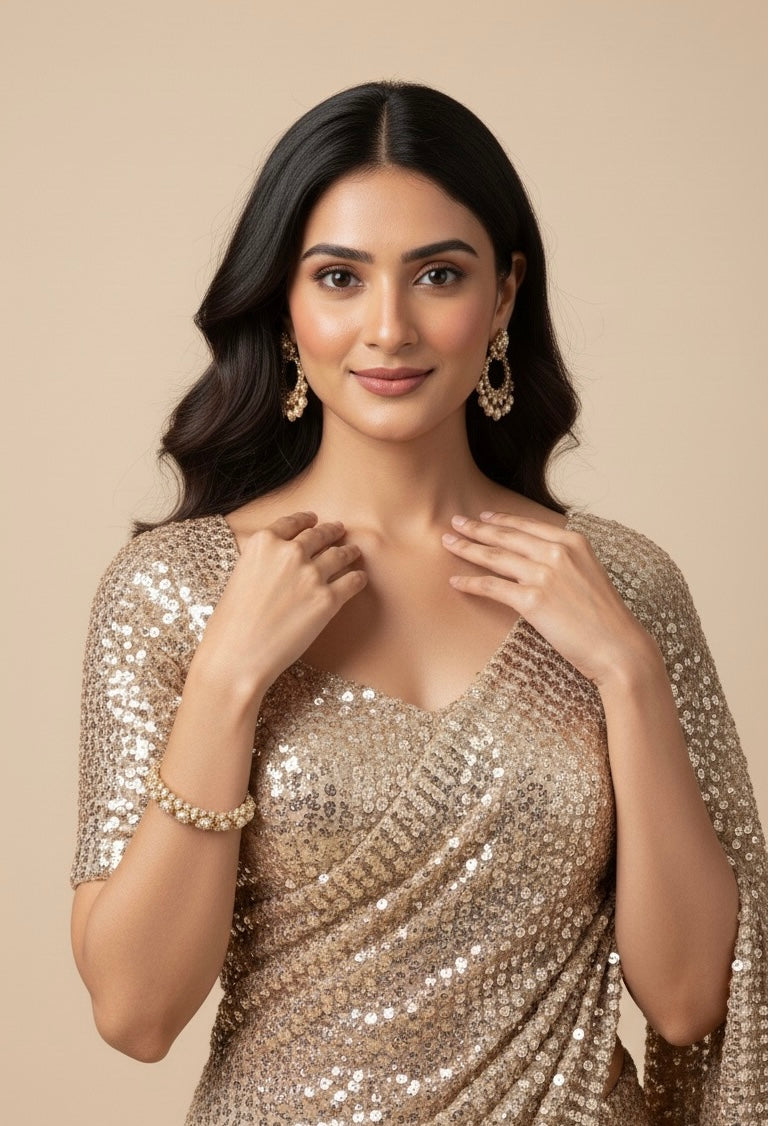 ROSE GOLD COLOUR SEQUINS NET SAREE WITH READYMADE BLOUSE