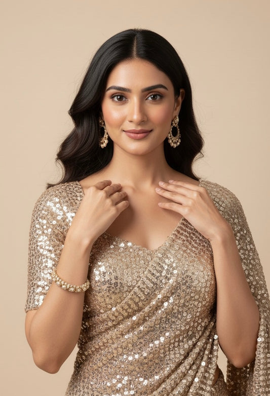 ROSE GOLD COLOUR SEQUINS NET SAREE WITH READYMADE BLOUSE