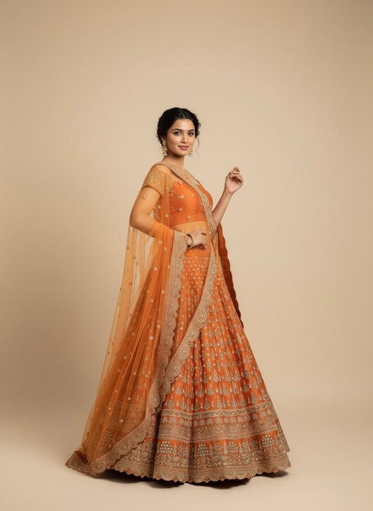 ORANGE BRIDAL LEHENGA WITH AARI ZARDOZI & PEARL HAND EMBROIDERY