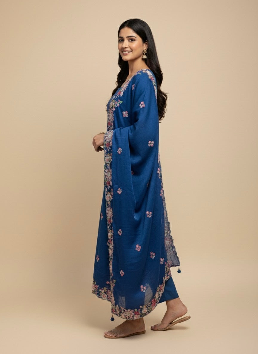 PETROL BLUE PLANT BASED SILK EMBROIDERED UNSTITCHED SUIT