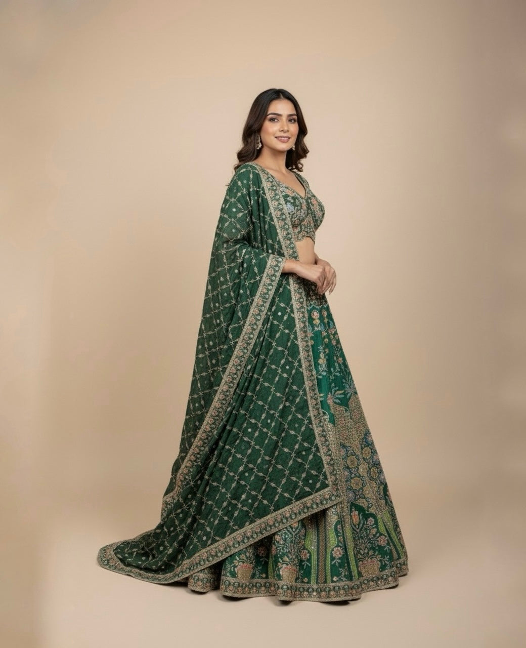 EMERALD GREEN CREPE SILK PICHWAI LEHENGA WITH AARI, DORI, MIRROR & SEQUINS WORK HIGHLIGHTS (DELIVERY IN 30 DAYS)