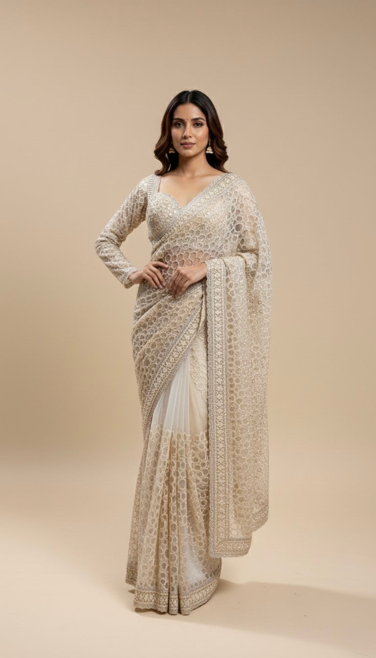 CHAMPAGNE BEIGE COLOUR NET SAREE WITH SEQUIN EMBROIDERY AND READYMADE BLOUSE