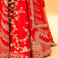 RED BRIDAL WEDDING LEHENGA WITH THREE-PANEL DESIGN, 6-METER FLAIR, DOUBLE DUPATTA, POTLI & EMBROIDERED TASSELS