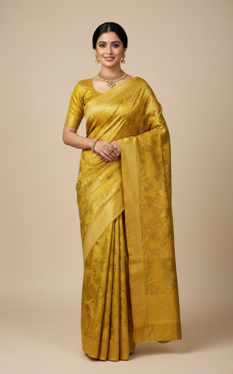 MUSTARD YELLOW GEORGETTE ZARI JACQUARD SAREE BY SIDDHAIKA