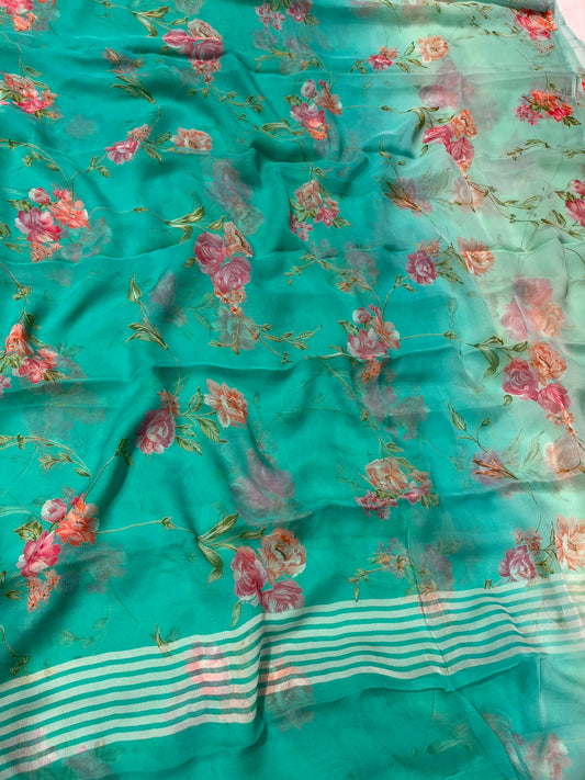 TURQUOISE COLOUR SHADED CHIFFON FLORAL PRINTED SAREE