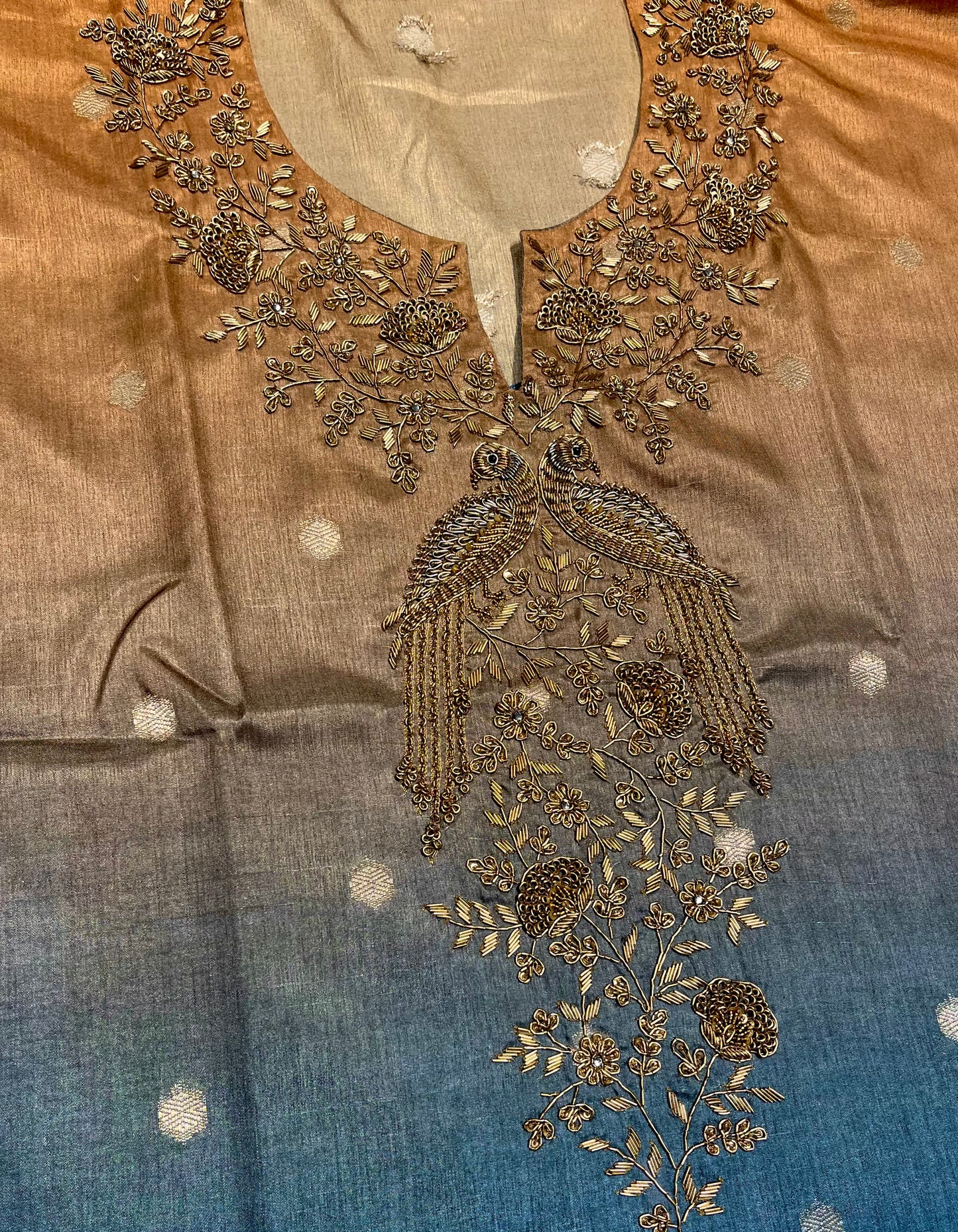 SILK SHADED UNSTITCHED SUIT SET EMBELLISHED WITH ZARDOZI WORK (DELIVERY IN 20 DAYS)