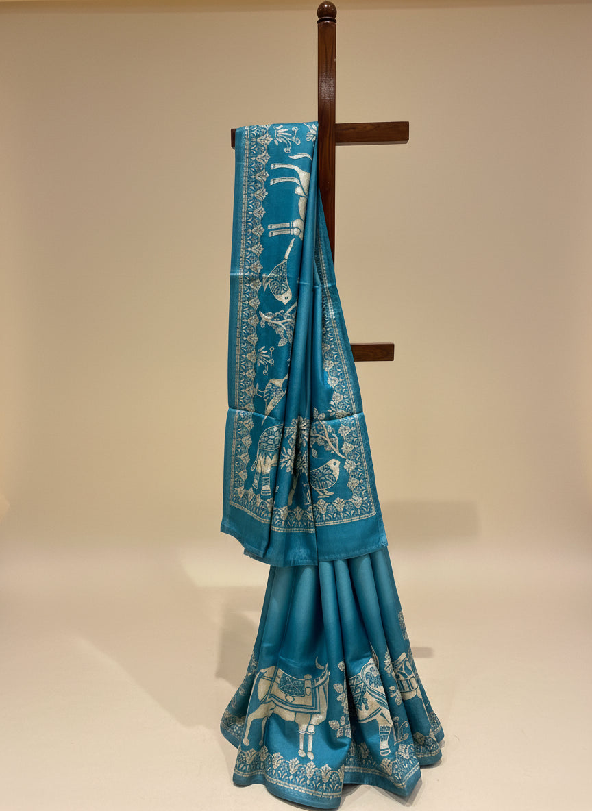SMOKY TEAL BLUE PURE TUSSAR SILK SAREE EMBELLISHED WITH KANTHA EMBROIDERY