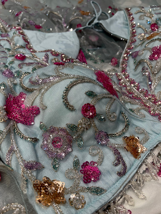 PASTEL BLUE NET SAREE  EMBELLISHED WITH SEQUINS & CUTDANA WORK PAIRED WITH A READYMADE BLOUSE