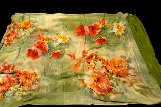 (Deliver in 15 days) SHADED OLIVE GREEN PRINTED CHINON SAREE WITH PLAIN CHINON BLOUSE