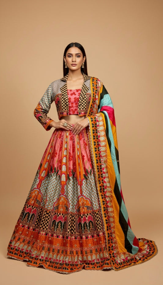 MULTICOLOUR SILK ABSTRACT PRINTED LEHENGA WITH JACKET