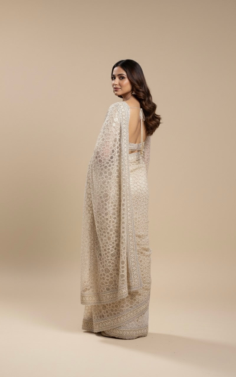CHAMPAGNE BEIGE COLOUR NET SAREE WITH SEQUIN EMBROIDERY AND READYMADE BLOUSE
