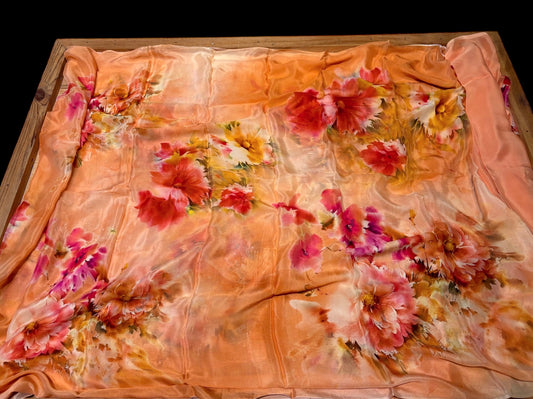 CREAMY PEACH SHADED PRINTED CHINON SAREE WITH PLAIN BLOUSE