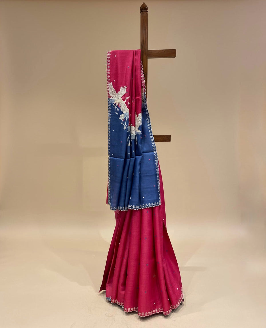 NAVY BLUE & RASPBERRY PINK PURE TUSSAR SILK SAREE EMBELLISHED WITH PARSI EMBROIDERY