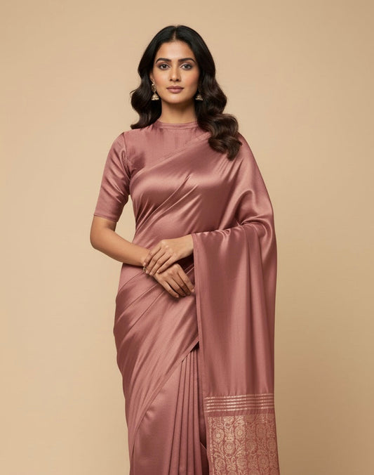 TURKISH ROSE COLOUR MODAL SILK SATIN SAREE WITH BANARASI PALLA