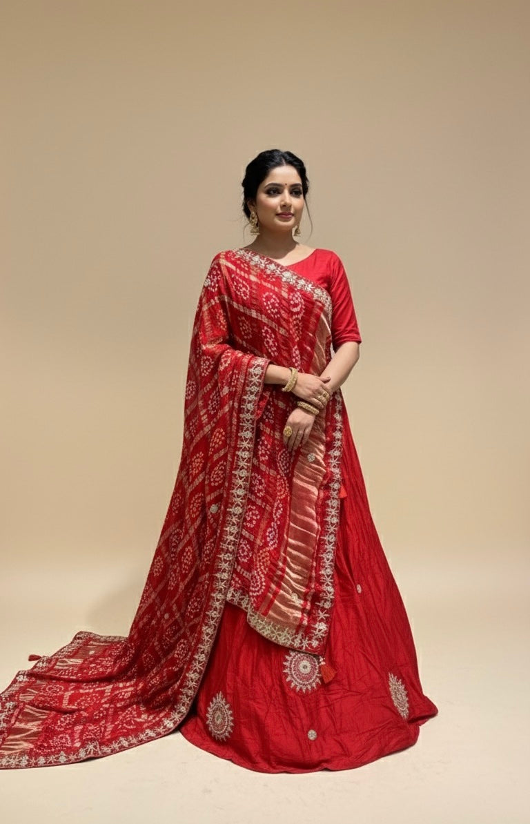 RED SATIN SILK LEHENGA WITH BANDHANI GAJI SILK DUPATTA EMBELLISHED WITH GOTA PATTI WORK