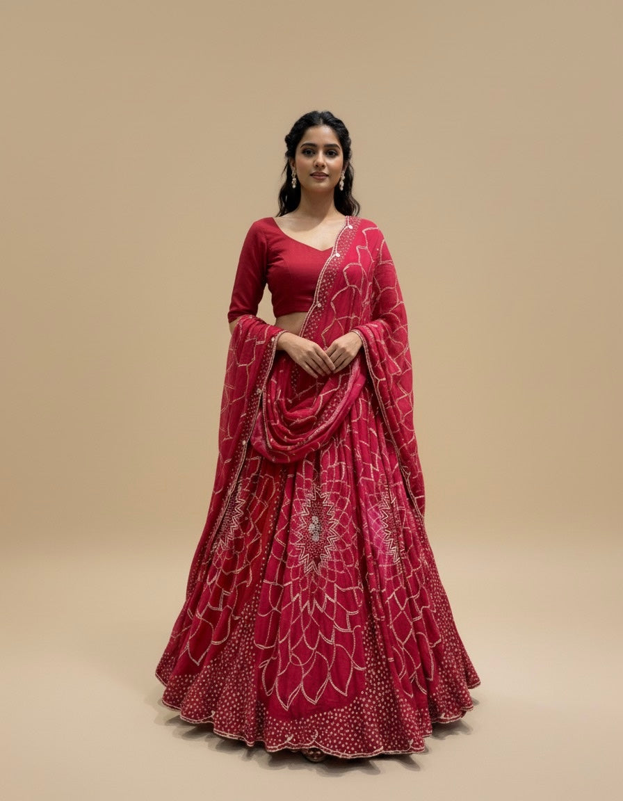 SHADED RED GEORGETTE BANDHANI LEHENGA EMBELLISHED WITH GOTA WORK